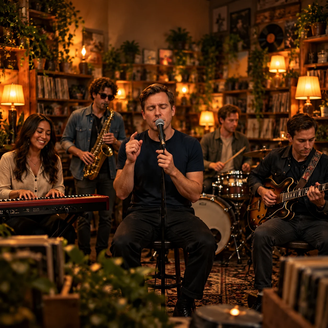 Illustrative band performance in a warm vintage record-filled studio