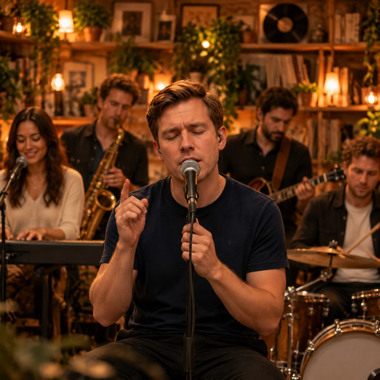 Illustrative preview of a singer and band in an intimate music studio
